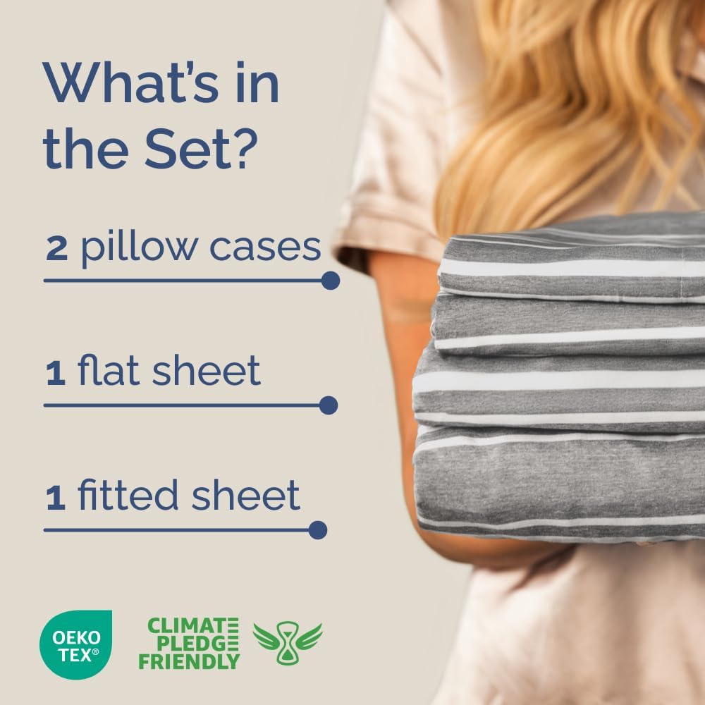 Skiennix Full XL Bed Sheet Set - Soft, Breathable & Cooling 4-Piece Luxury Bedding - Grey Stripes