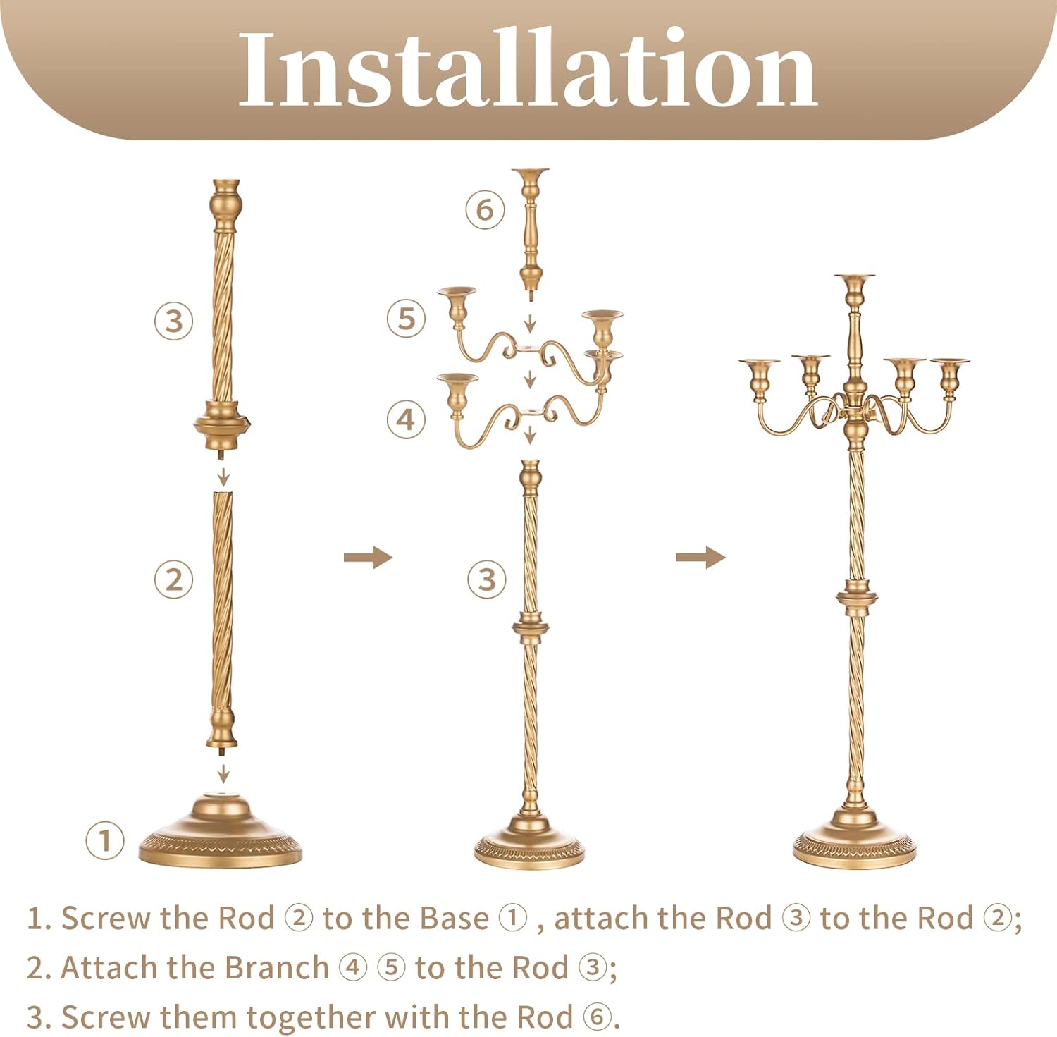 Sziqiqi Gold Floor Candelabra | Tall 5-Arm Candle Holder for Elegant Centerpieces
