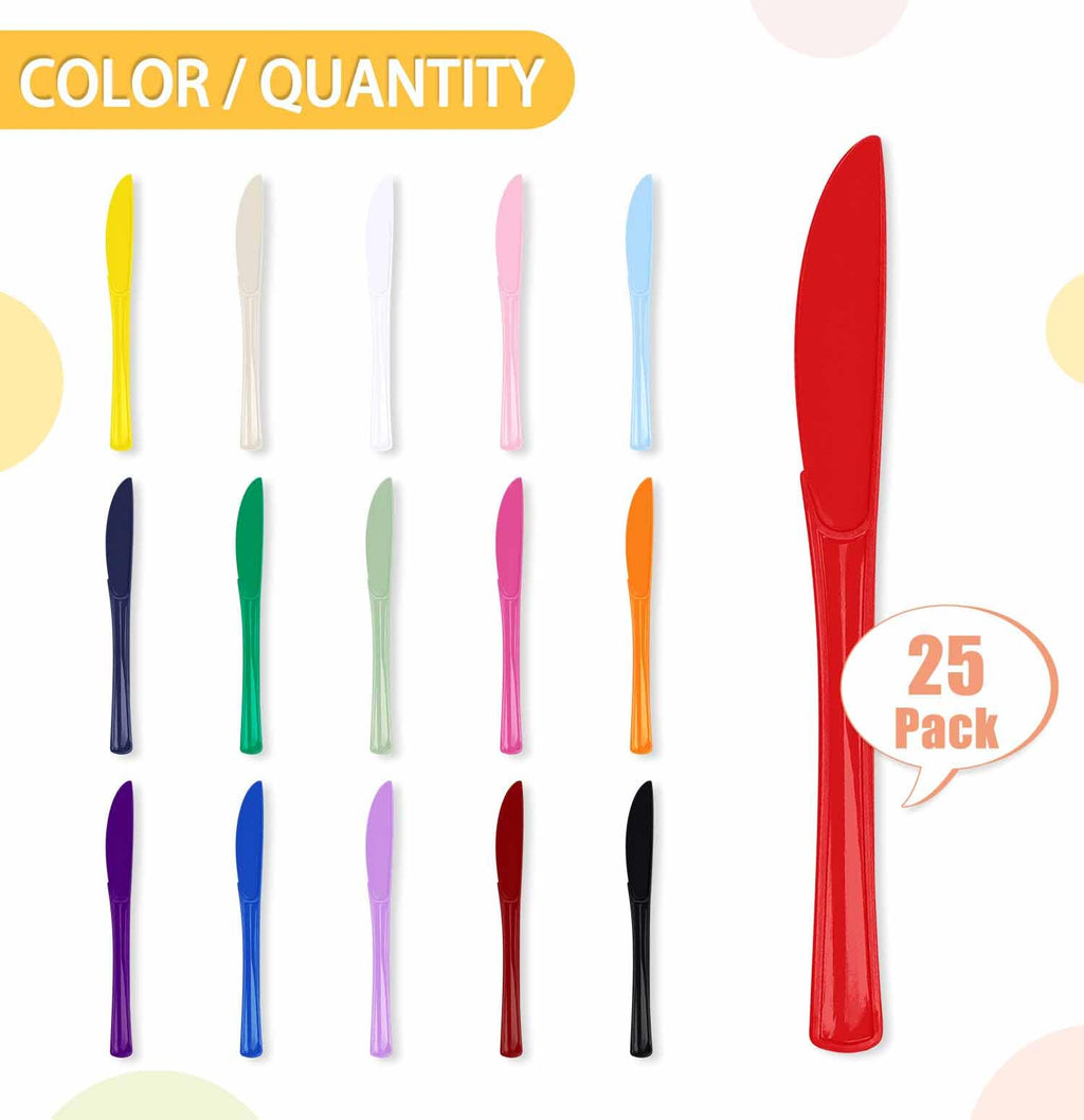 SietDESEO 25 PCS Red Plastic Knives Disposable Utensils Heavy Duty Red Knives Disposable Cutlery for Birthday Wedding Baby Shower Bridal Shower Plastic Silverware