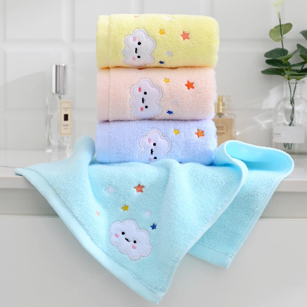 sense gnosis 100% Cotton Cloud Kids Facial Towels, Fingertip Towels for Bathroom Towel Set Star Embroidered Children Towels & Baby Washcloths, 10 x 20 inches(4 Pack in 4 Color)