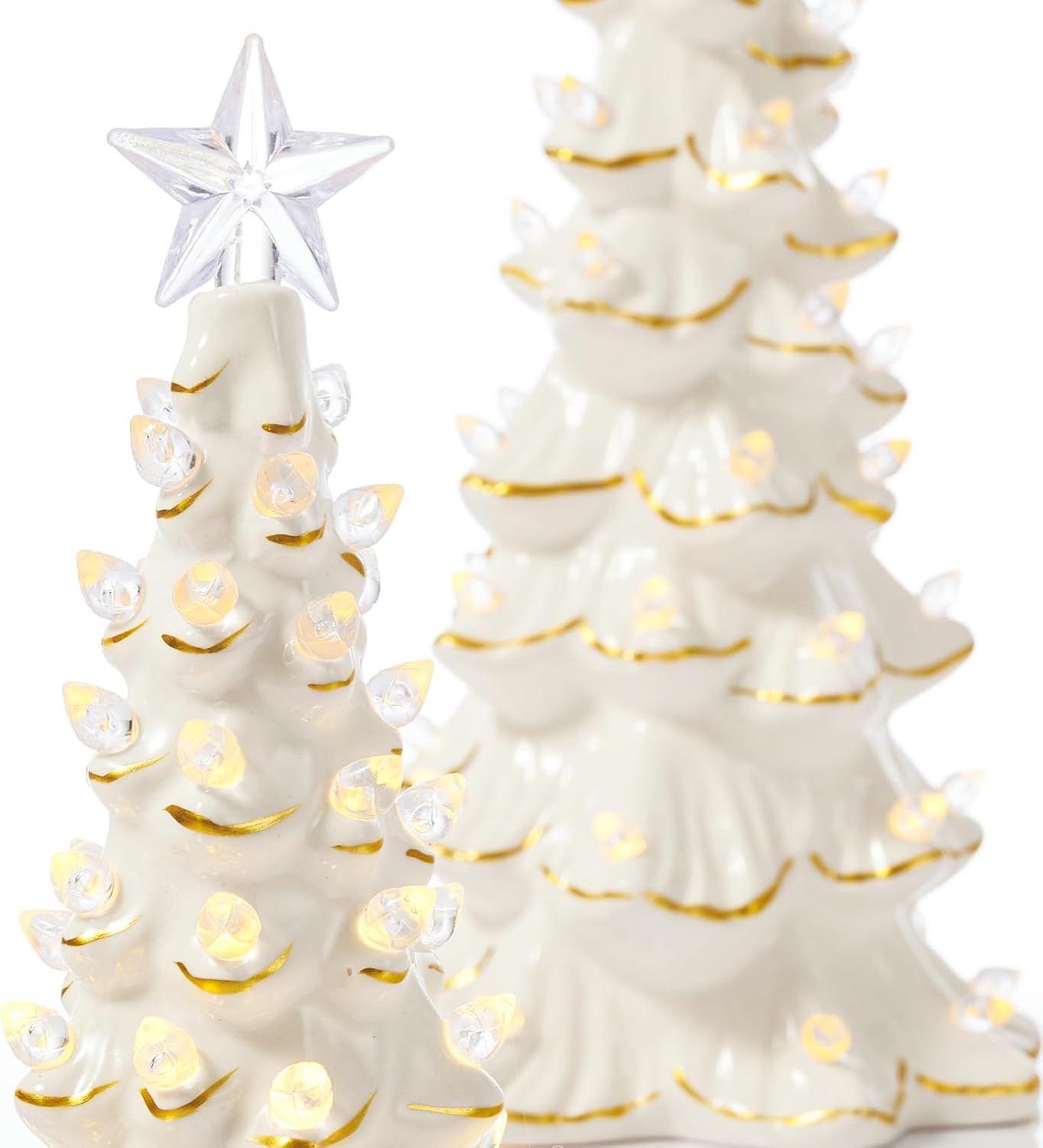 WDS WONDROUS Ceramic Christmas Tree Tabletop - Prelit White & Gold Accents | 2-Piece Small Xmas Decor