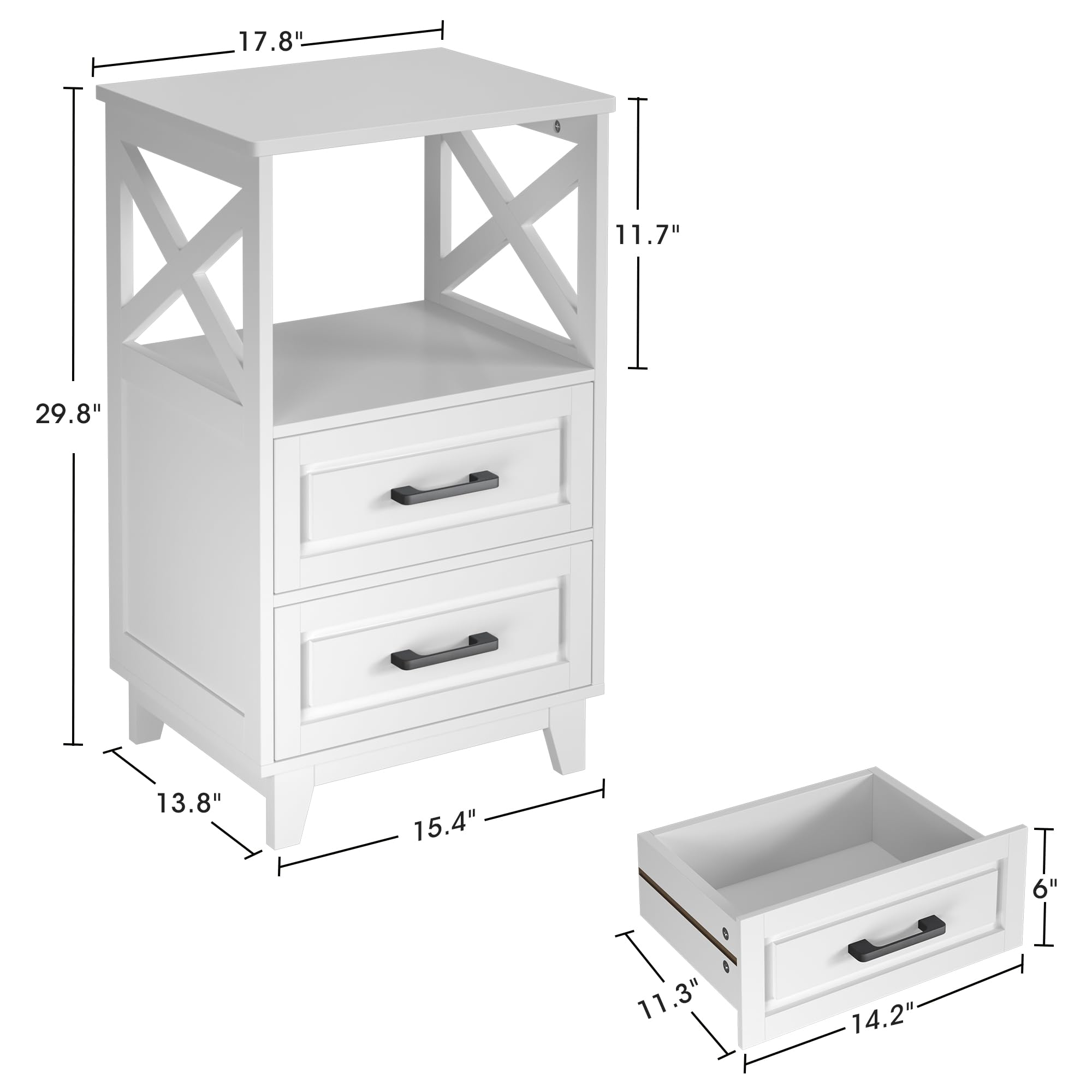 May in Color White Nightstand Set of 2, Tall Side Table, Farmhouse End Table with 2 Large Storage Drawers Cabinet, Wooden Rustic Bedside End Table for Bedroom, Home Office, White