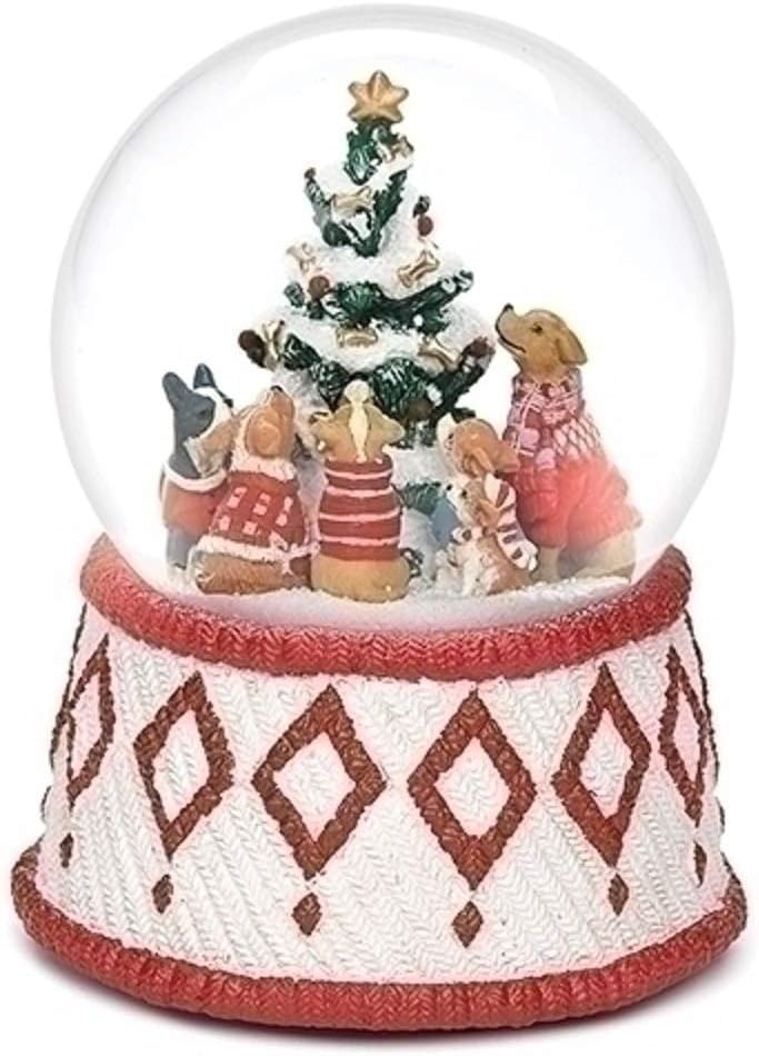 Roman 100MM Musical Christmas Snow Globe - Dogs Around Tree | Plays “O Christmas Tree” - Holiday Décor