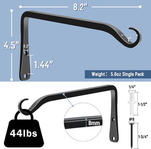 Feed Garden 8-Inch Decorative Hanging Plant Brackets - 2 Pack Wall Hooks for Outdoor Use | Black