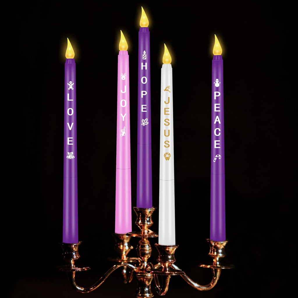 RGQSUN Flameless Advent Candles Set of 5 | Battery Operated Flickering Taper Candles for Christmas Decor