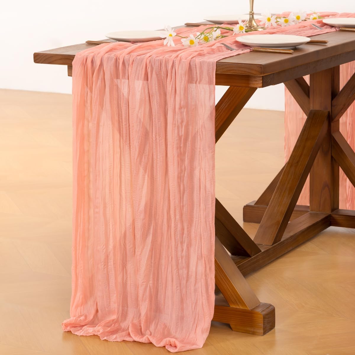 Socomi Cheesecloth Table Runner - Coral Peach Boho Style for Weddings & Parties | 120-Inch Length