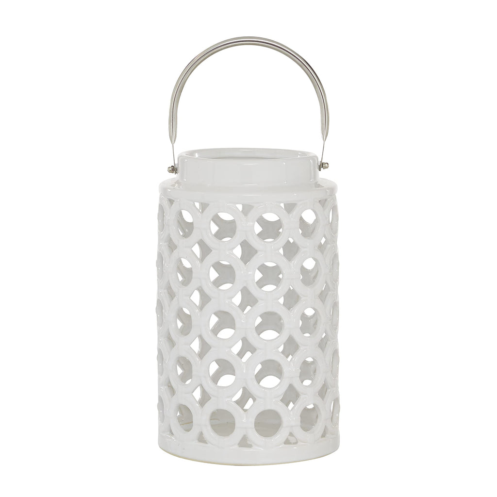 Deco 79 Ceramic Circles Decorative Candle Lantern with Cut Out Design, 8" x 9" x 8", White