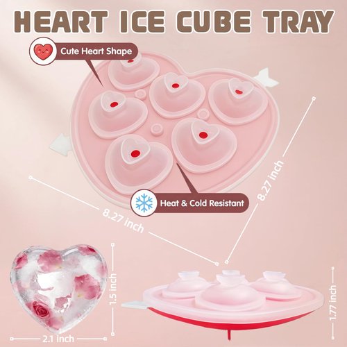 Heart-Shaped Ice Cube Trays - 6 Holes Silicone Ice Cube Tray, Love Heart Shape Ice Cube Mold for Chilling Whiskey Cocktails Drinks Beverages Iced Tea & Coffee (red)
