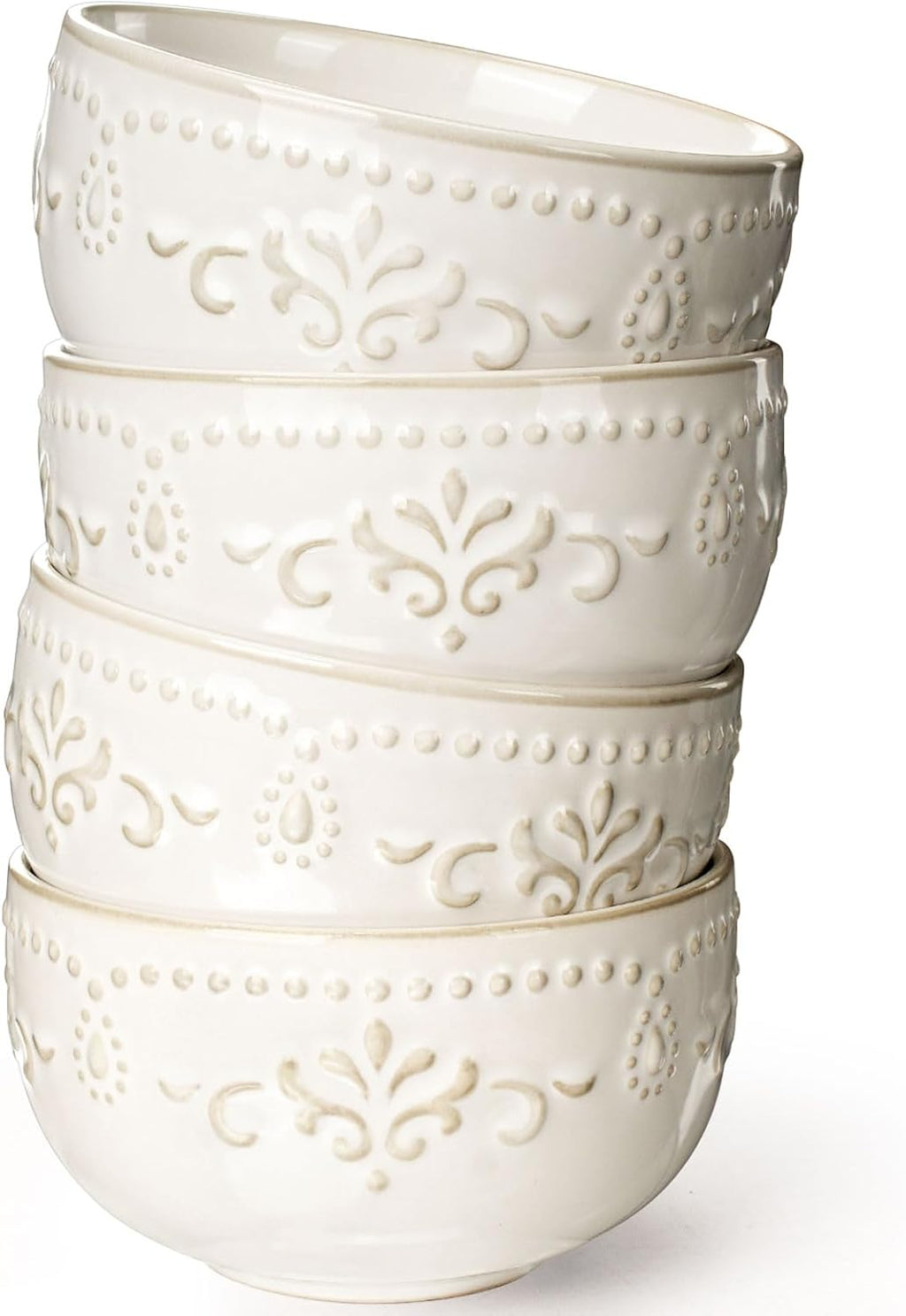 Artena Ceramic Dessert Bowls Set of 4 - 12 oz Embossed White Bowls for Ice Cream, Cereal & More | 4.5 Inch, Microwave & Dishwasher Safe