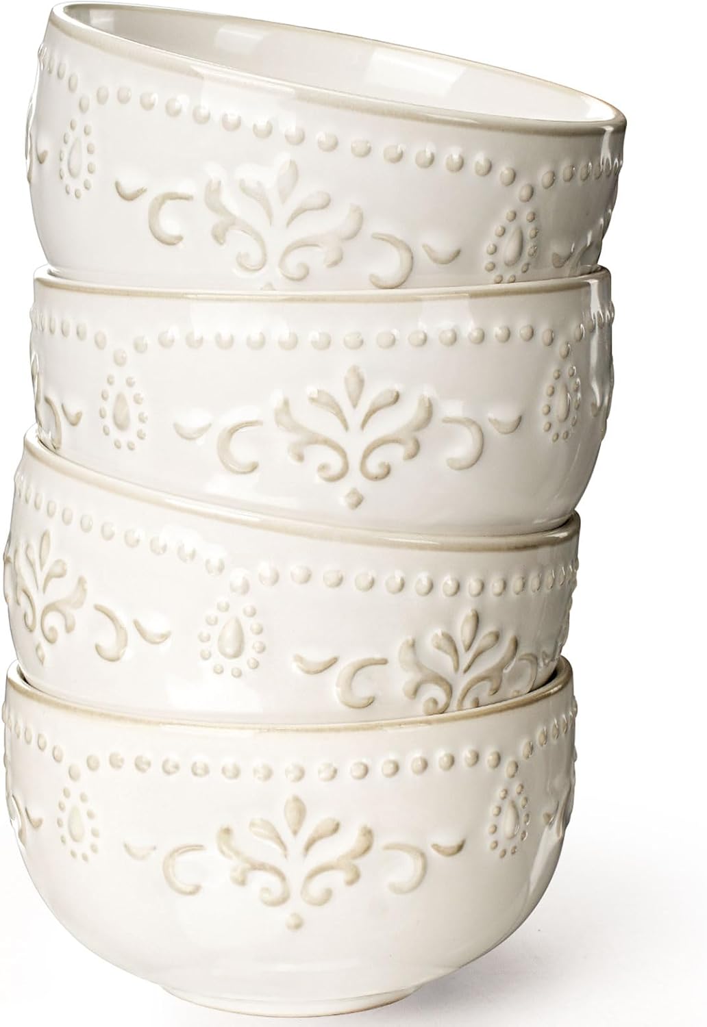 Artena Ceramic Dessert Bowls Set of 4 - 12 oz Embossed White Bowls for Ice Cream, Cereal & More | 4.5 Inch, Microwave & Dishwasher Safe