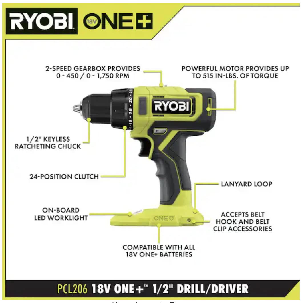 RYOBI ONE+ 18V Cordless 1/2in Drill/Driver PCL206B (Tool Only)