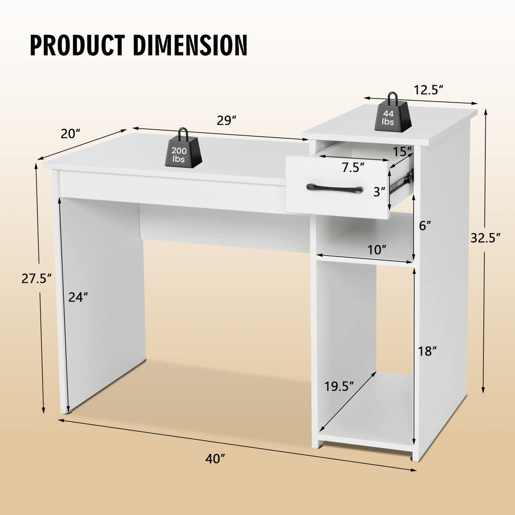COSTWAY Computer Desk, 40 inch Laptop PC Gaming Table with Drawer, Monitor Stand & Storage Shelf, Modern Simple Study Writing Table for Home & Office, Easy Assembly, White