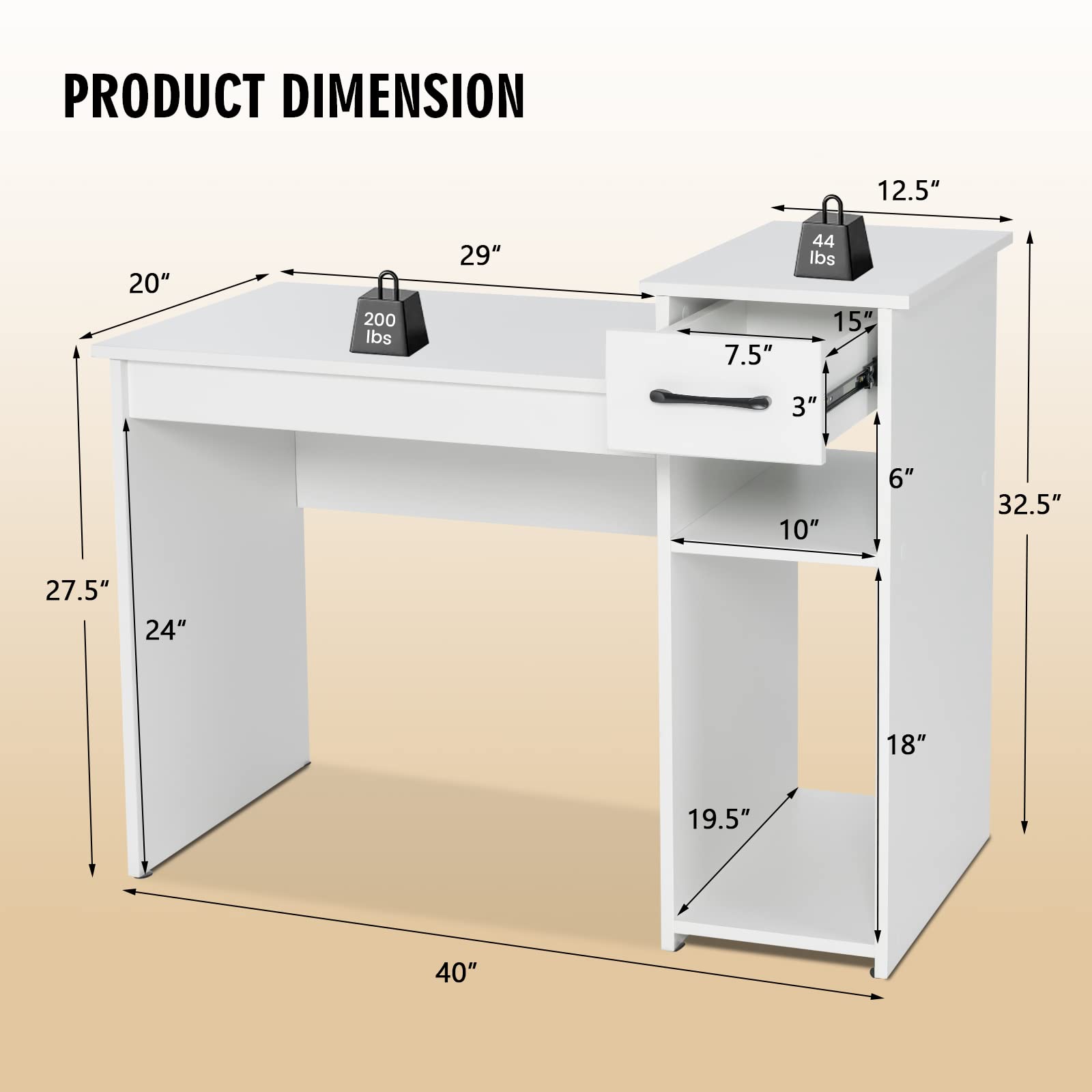 COSTWAY Computer Desk, 40 inch Laptop PC Gaming Table with Drawer, Monitor Stand & Storage Shelf, Modern Simple Study Writing Table for Home & Office, Easy Assembly, White