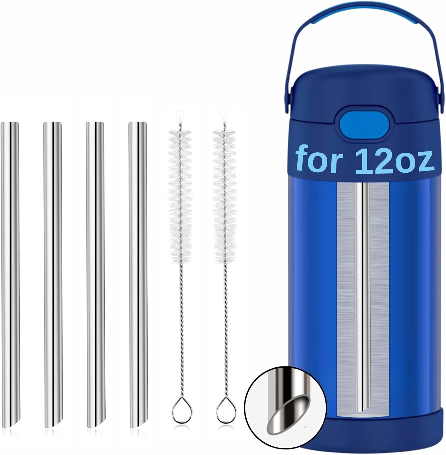THERMOS Replacement Metal Straws - Reusable Stainless Steel for 12 Ounce FUNtainer | 4 Straws + 2 Cleaning Brushes