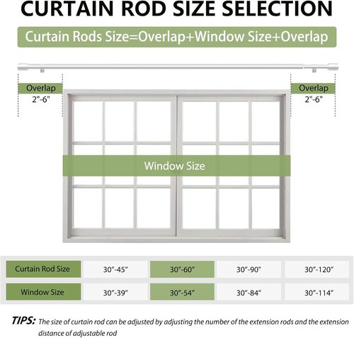 Adjustable 5/8” Diameter Curtain Rods by [Brand Name] - 30-60 Inch for 30-54 Inch Windows | Silver Finish, 2 Pack