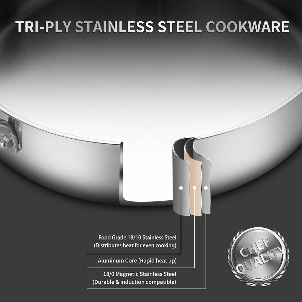 Yeksum Tri-Ply Stainless Steel Paella Pan Large Saute Pan with Lid (Stainless Steel, 13.5 INCH)