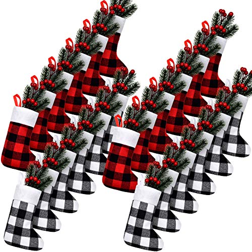 Small Christmas Stockings Set - White Plaid, 24 Pcs, 7 Inch Holiday Decor
