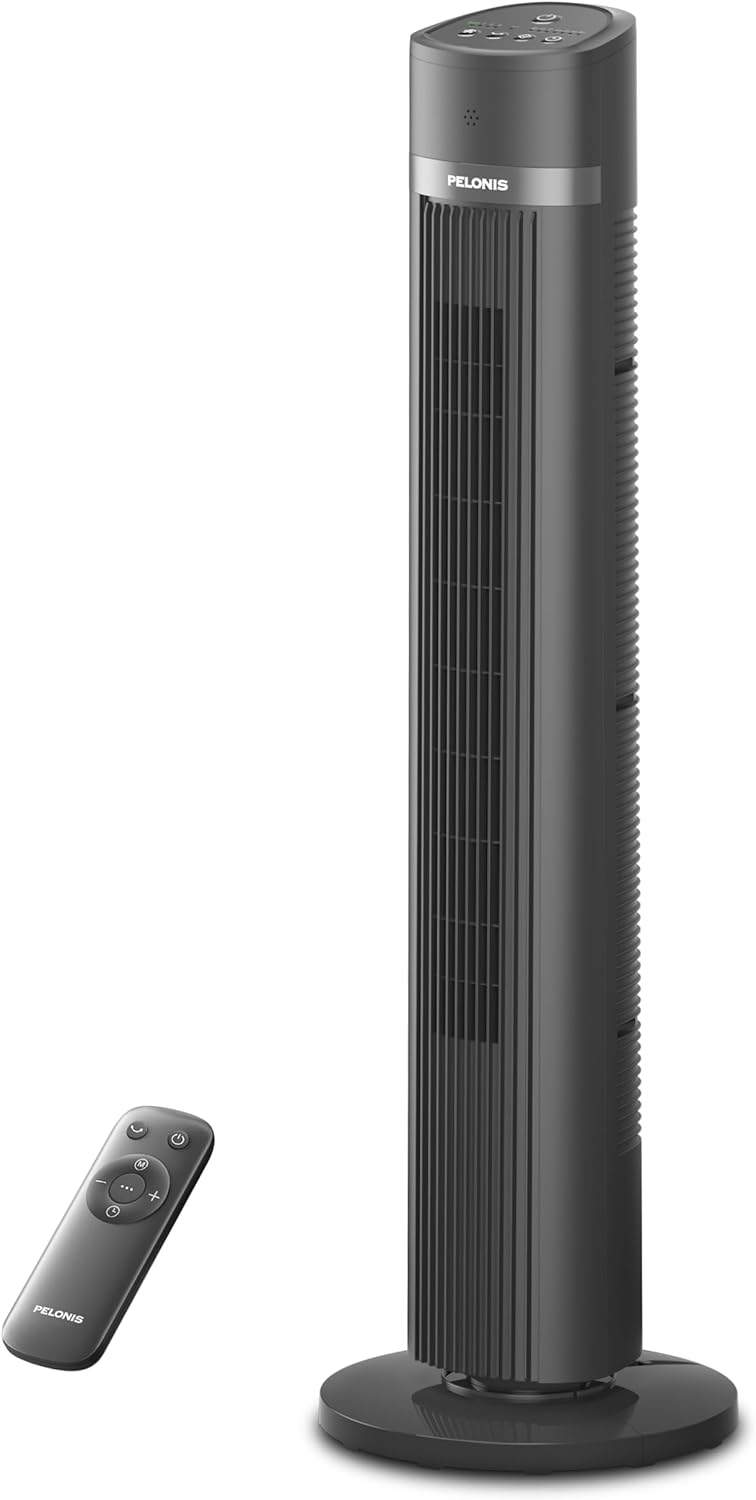 Pelonis 40-Inch Bladeless Tower Fan - Quiet 3-Speed Standing Fan with Remote, 90° Oscillation, Grey