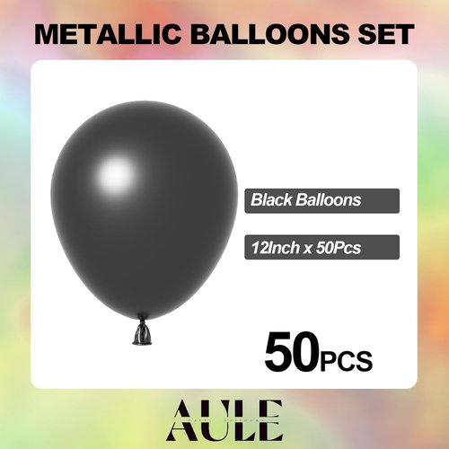 AULE Black Metallic Balloons - 12 Inch Chrome Latex Balloons | 50 Pcs for Party Decor & Celebrations