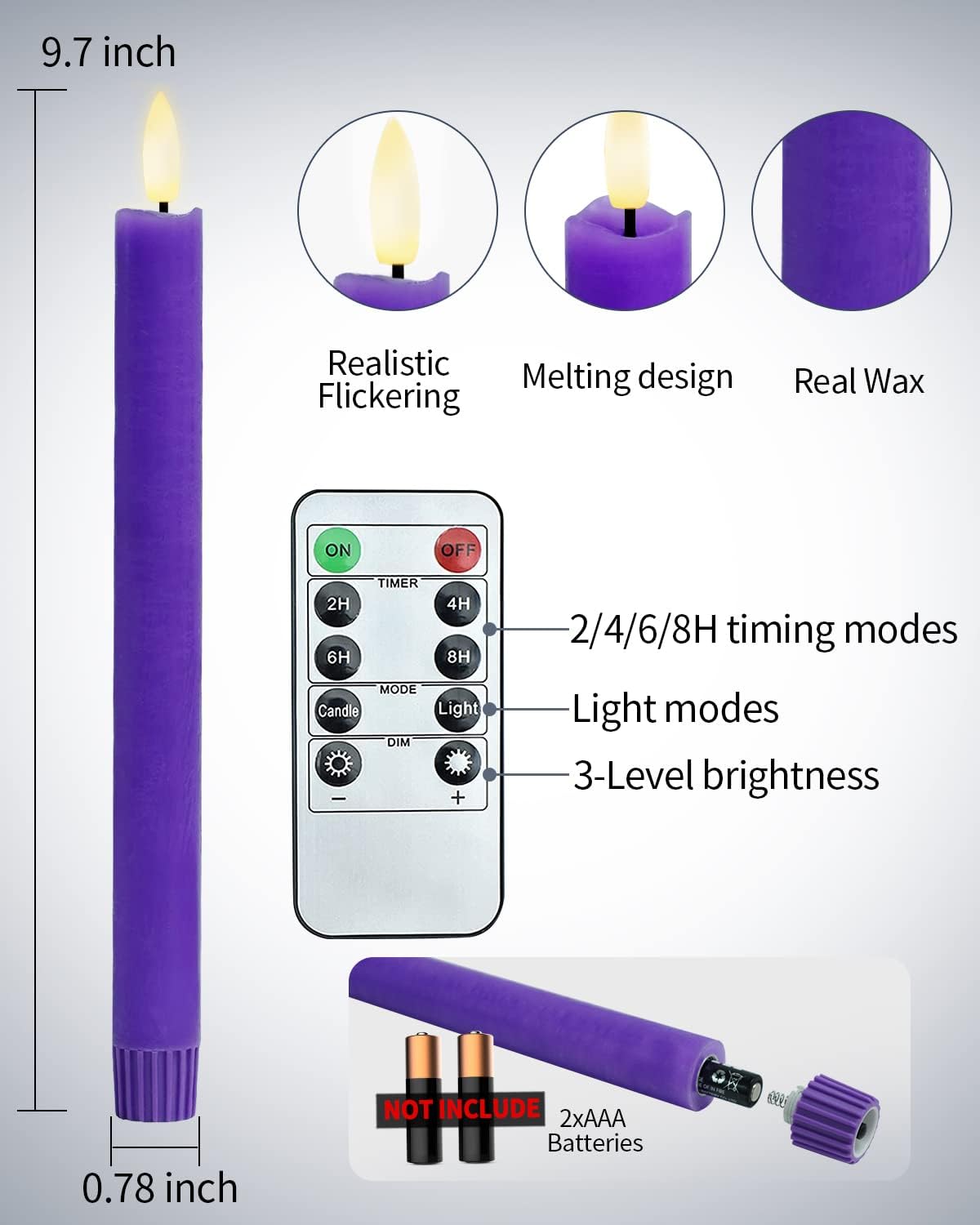 SHYMERY Flameless LED Taper Candles - Real Wax, Battery Operated, Remote Timer | Set of 4 Purple & Pink