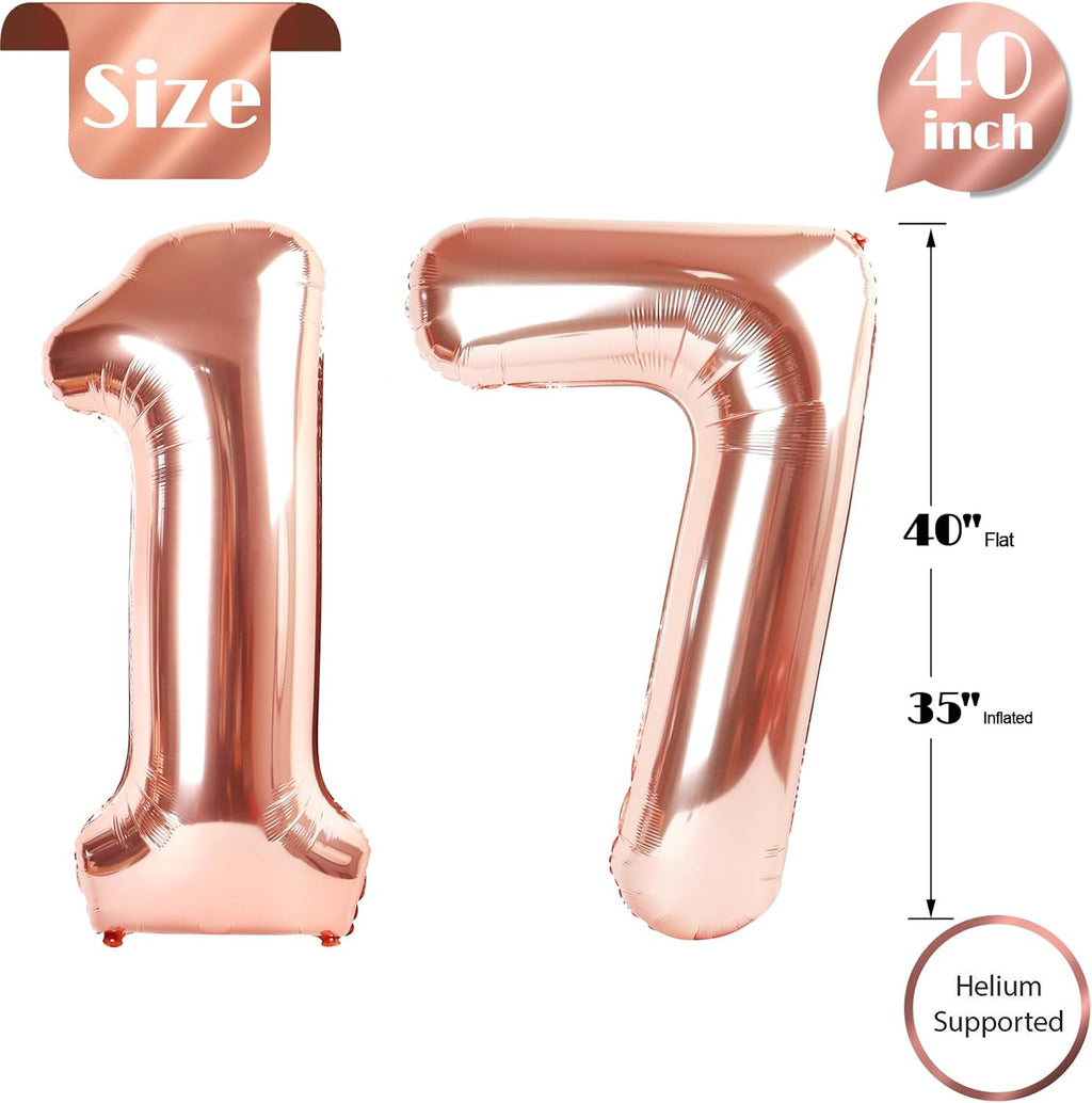 Rose Gold Number 17 Balloon - 40 Inch 17th Birthday Decorations for Girls & Boys