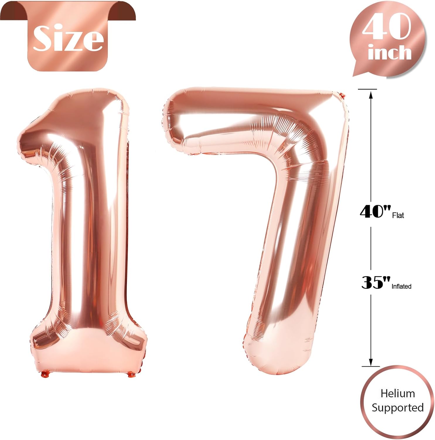 Rose Gold Number 17 Balloon - 40 Inch 17th Birthday Decorations for Girls & Boys