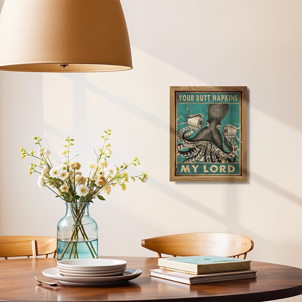 Octopus Nautical Bathroom Decor - Framed Funny Bath Picture | Beach-Themed Wall Art for Guest Bathrooms