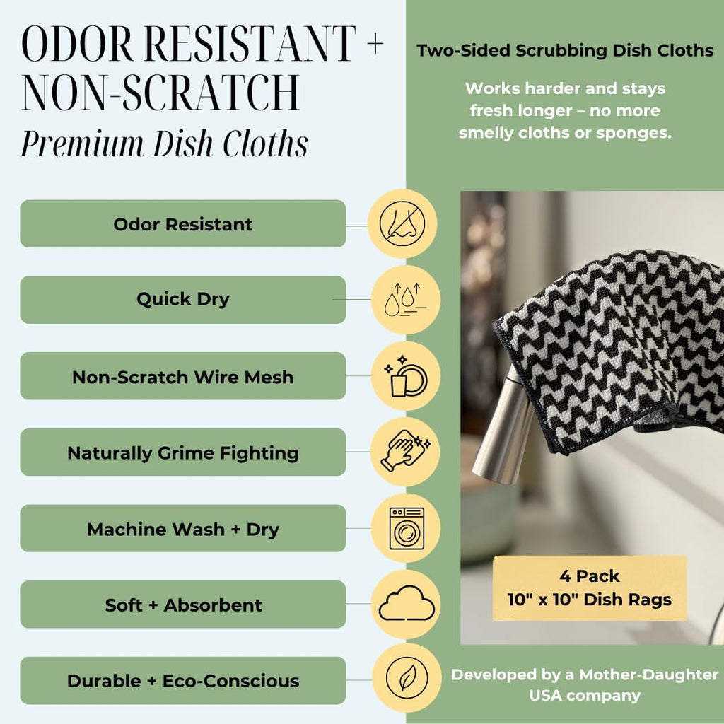 Severn Dish Cloths - Odor-Resistant 4-Pack Kitchen Cleaning Rags with Non-Scratch Scrubber | Bamboo-Charcoal Microfiber