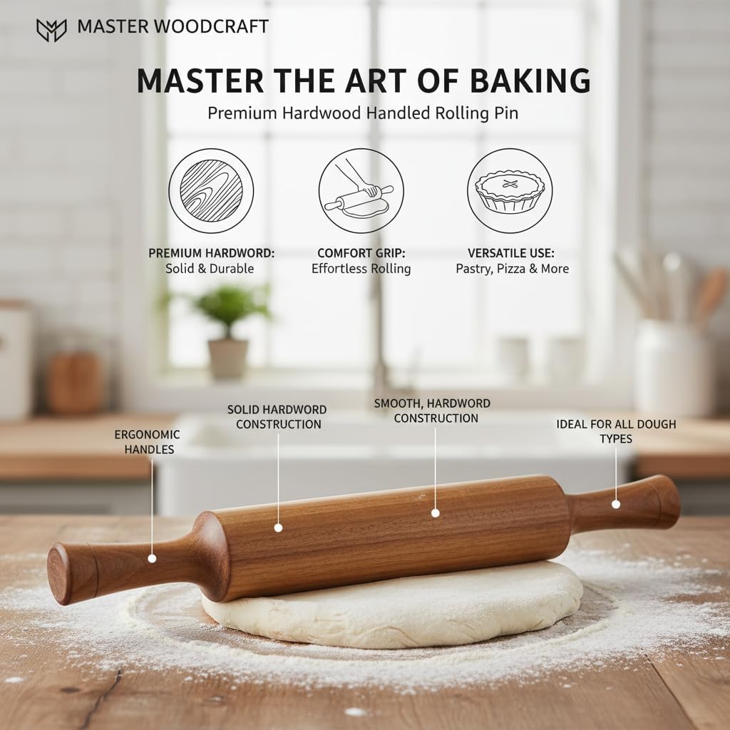 Skiennix Traditional Wooden Rolling Pin - Solid Wood Baking Tool for Pastry & Pizza Making