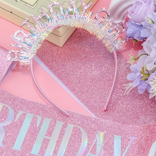 COCIDE Pink Glitter Birthday Girl Headband and Sash Set Tiara Gift