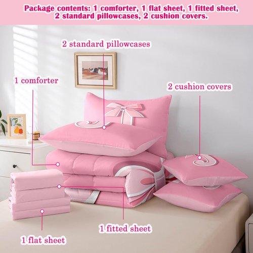 jejeloiu Pink Bowknot Bed Set, Twin Size, Decor Personalized Teen Girl Gifts Ultra Soft Initial Letter J 7 Pieces Beeding Set, Girly Romantic Bed in a Bag with Comforter, Sheets, Pillowcases