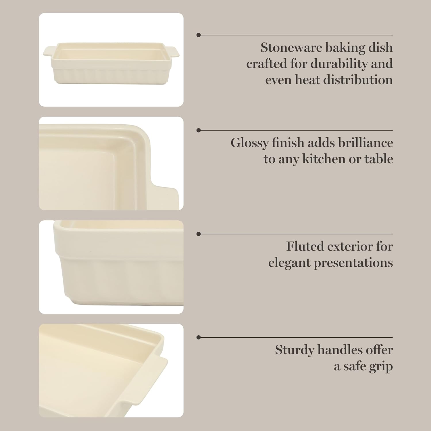 Martha Stewart Ceramic Bakeware - 13x9 Inch Rectangular Baking Dish with Handles | Cream Glazed Stoneware for Casseroles, Lasagna & Roasts