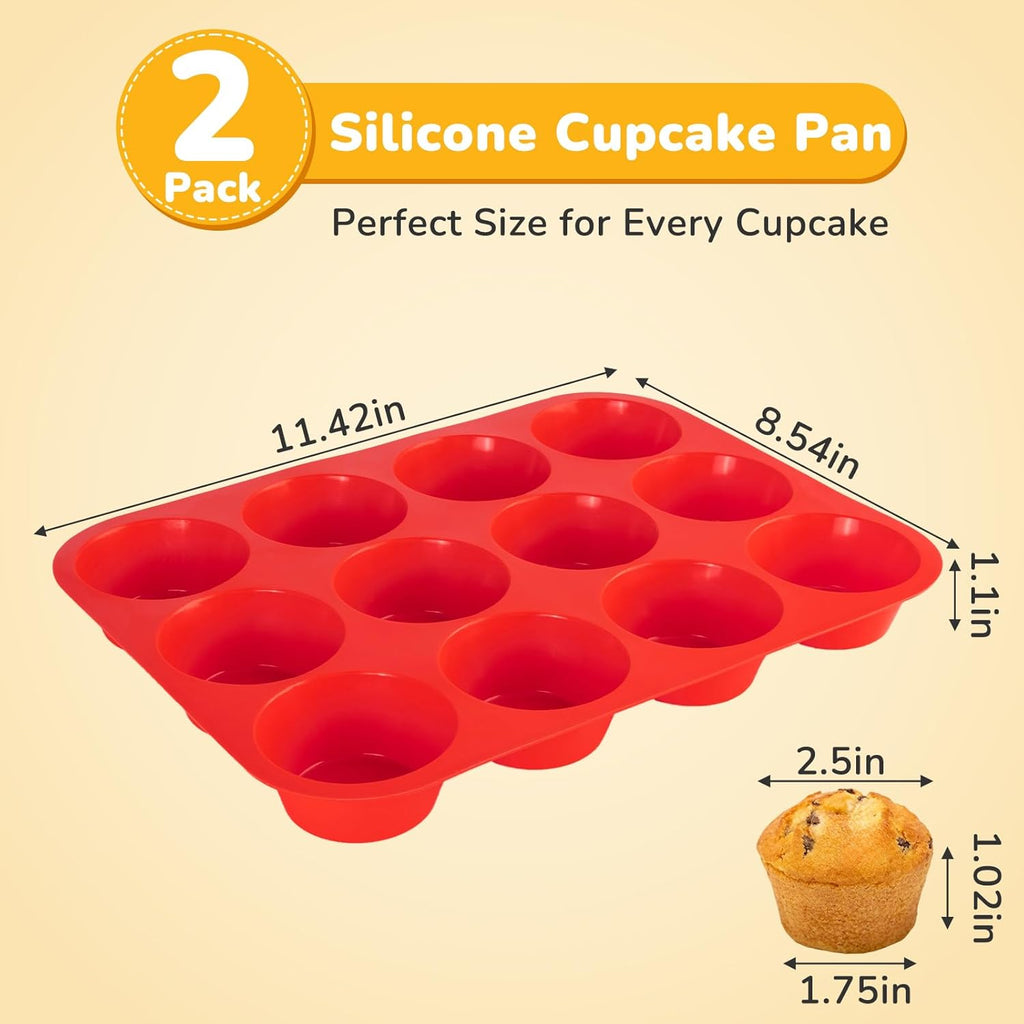 Skiennix Silicone Cupcake Pan - Nonstick 12-Cup Baking Mold | Durable, Flexible & Easy to Clean - Red