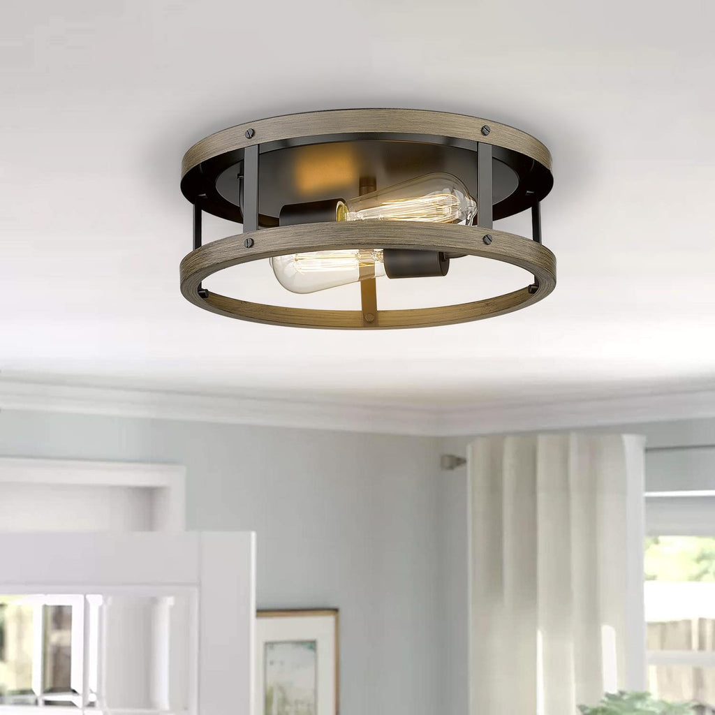 EAPUDUN Farmhouse Flush Mount Ceiling Light, 13" Imitation Wood 2-Light Fixture, Retro Style Lamp for Hallway, Entryway, Bedroom, Kitchen, Dining Room (FMA1138-FBDT)