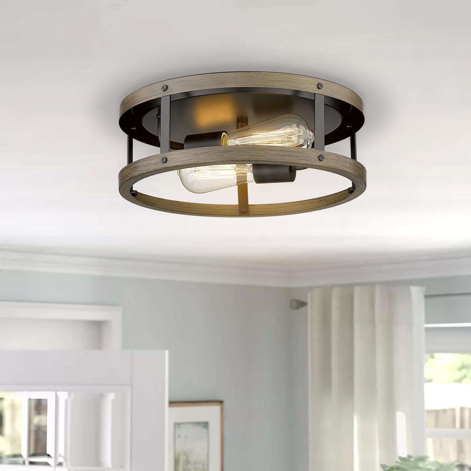 EAPUDUN Farmhouse Flush Mount Ceiling Light, 13" Imitation Wood 2-Light Fixture, Retro Style Lamp for Hallway, Entryway, Bedroom, Kitchen, Dining Room (FMA1138-FBDT)