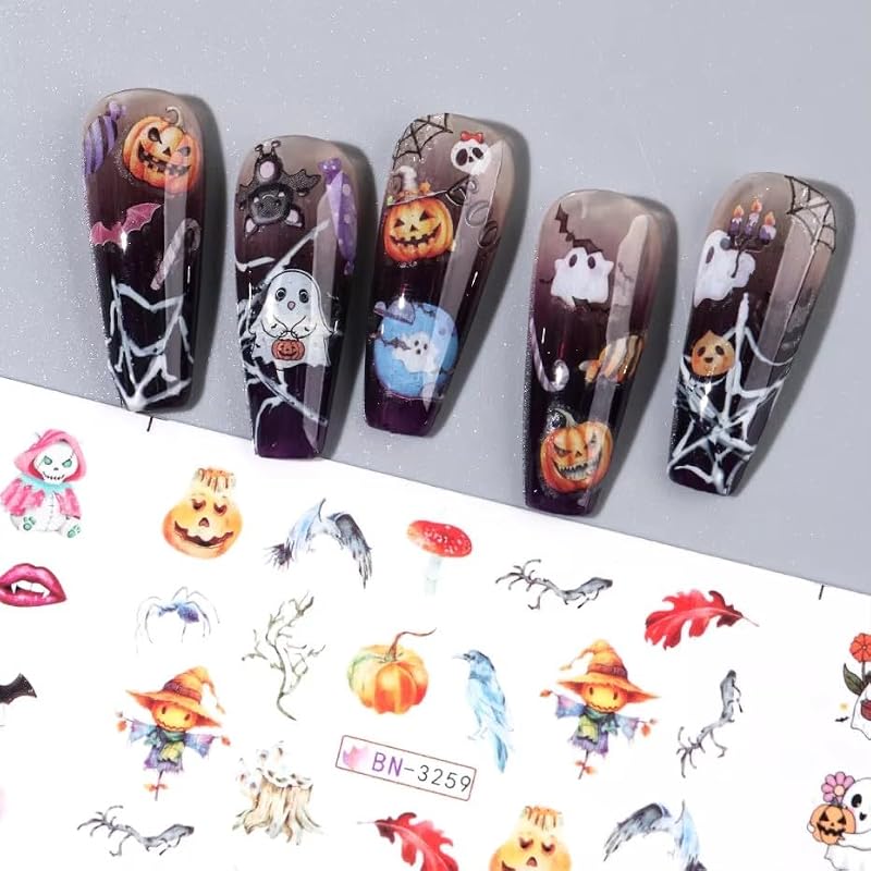 JUNCHAO Halloween Nail Art Stickers Pink Pumpkins Cute Ghost Water Decals 12PCS