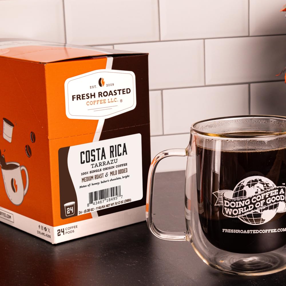 Fresh Roasted Coffee, Costa Rica Tarrazu, Medium Roast, 72 Pods for K Cup Brewers