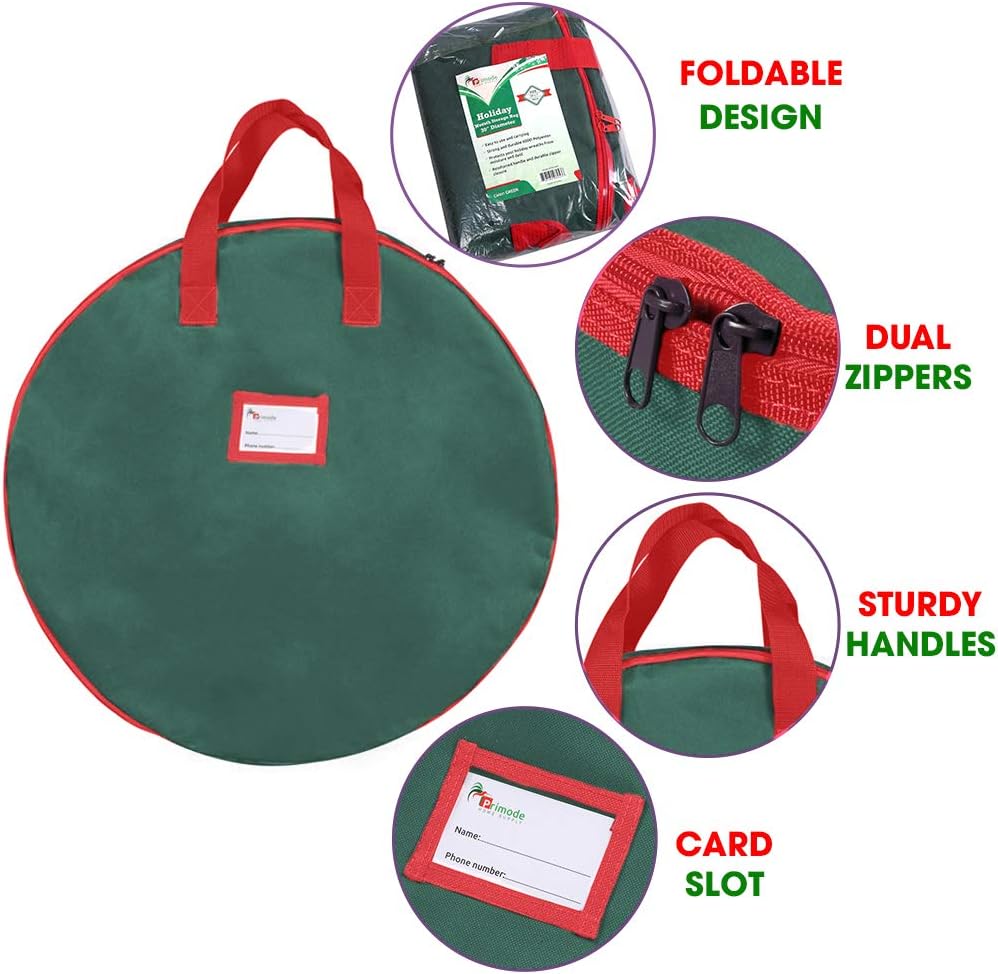 Primode Christmas Wreath Storage Bag - 36" Artificial Wreath Container - Durable Oxford with Sturdy Handles & Inner Straps - 2 Pack, Green