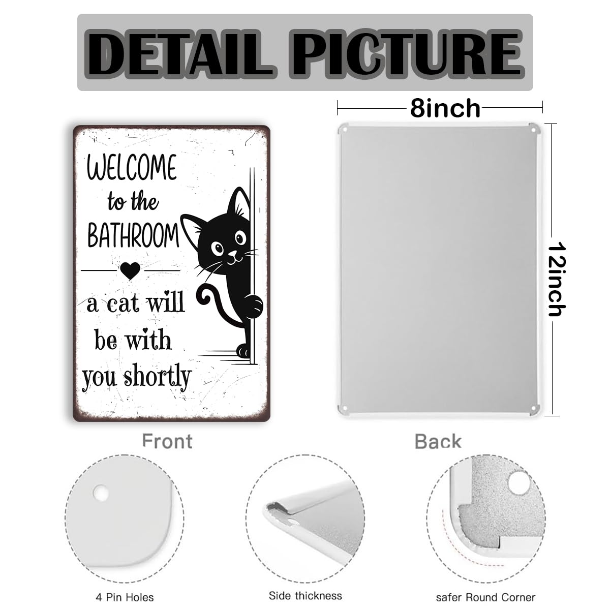 Funny Bathroom Decor – Welcome to the Bathroom A Cat Will Be With You Shortly – Black Cat Metal Tin Sign for Restroom, Toilet, or Powder Room Wall Decor, Vintage Style 8x12 Inch