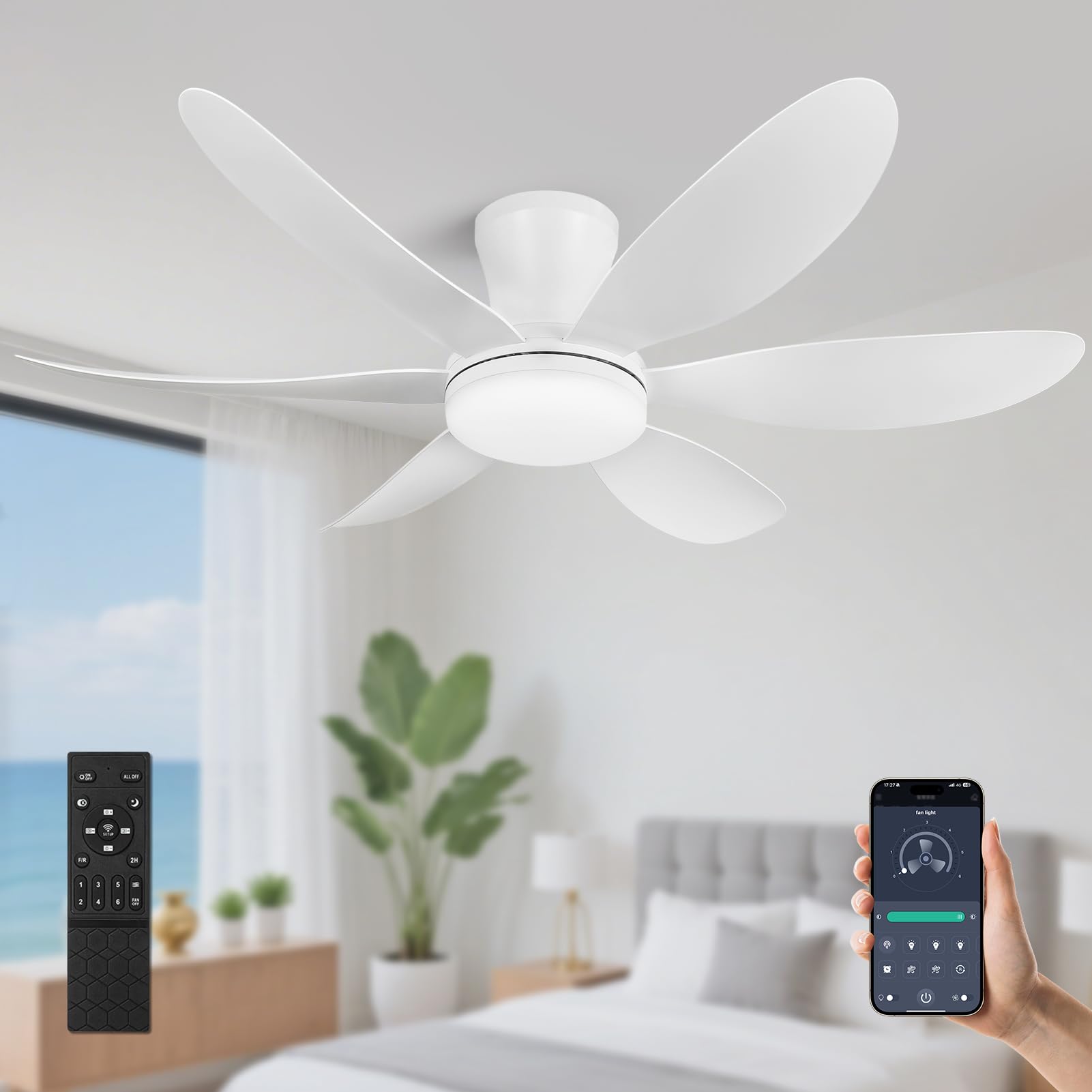 RIENAZA 42" Ceiling Fans with Lights-Low Profile Ceiling Fan with Light and Remote Control,Flush Mount,DC Reversible,LED Dimmable Modern Ceiling Fans for Bedroom,Indoor/Outdoor Patio Use(White)
