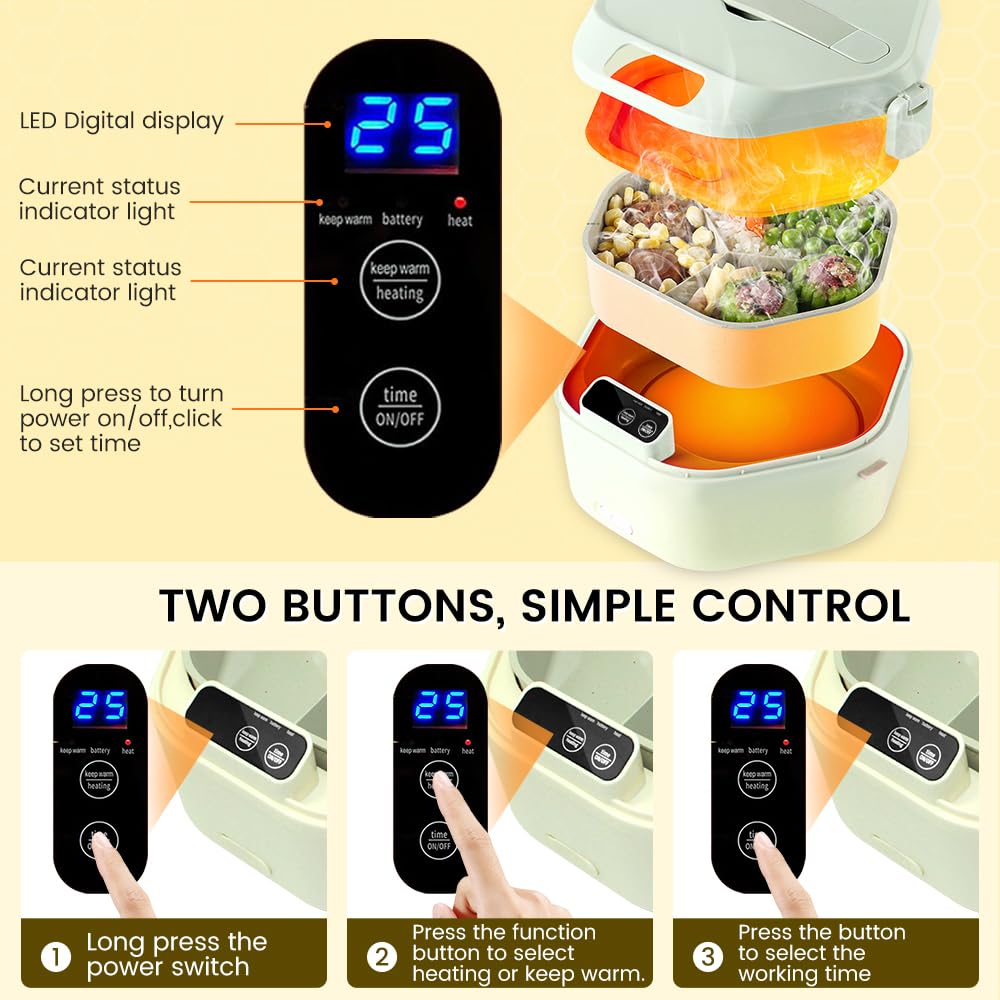 SL Nevnmoe Cordless Electric lunch box, Battery Powered Heated Lunch Box，Food Heate 1L Adjustable heating time Comes three compartments Used for trucks, camping, offices