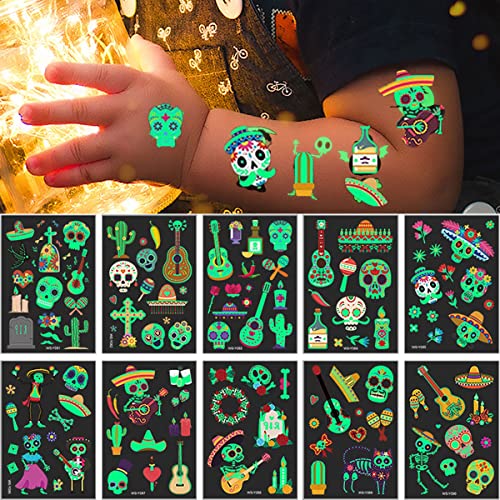 Felico Luminous Day of the Dead Temporary Tattoos - Glow in the Dark