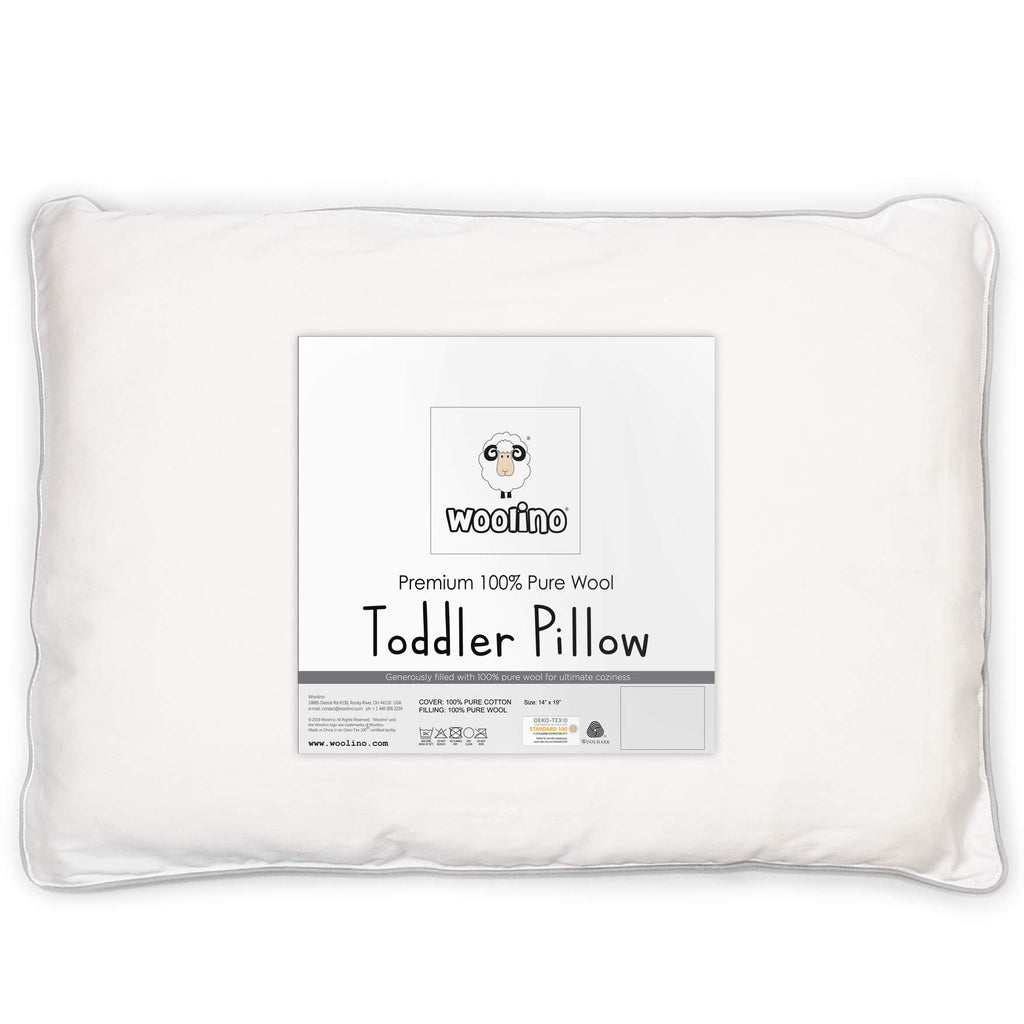 Woolino Toddler Pillow, Premium Breathable 100% Wool Fill & Cotton Cover Toddler Sleeping Pillow, Small Kids Travel Size, 14x19