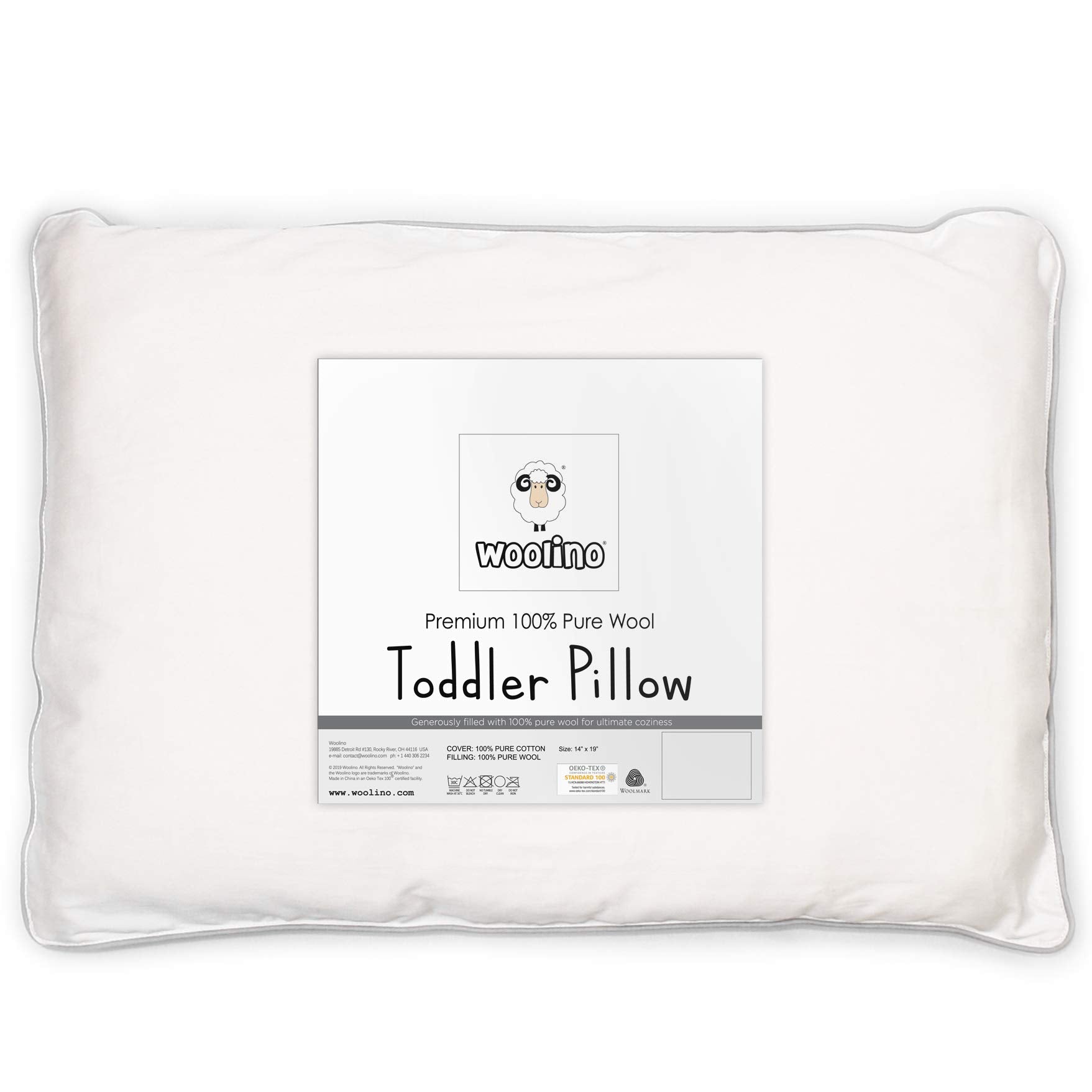 Woolino Toddler Pillow, Premium Breathable 100% Wool Fill & Cotton Cover Toddler Sleeping Pillow, Small Kids Travel Size, 14x19