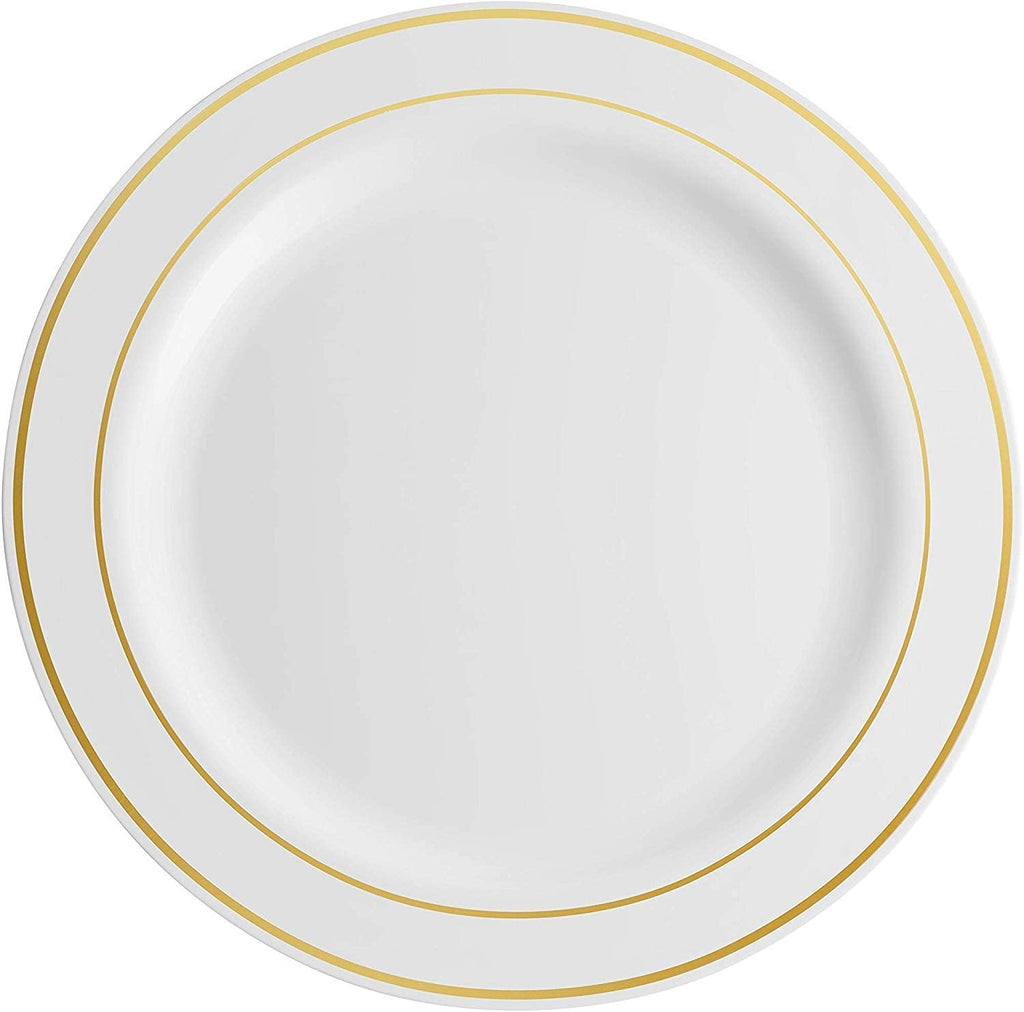 Munfix 100 Gold Plastic Plates Set, 7 Inch Disposable Dessert Appetizer Plates, Elegant Fancy Heavy Duty for Party, Wedding, White with Gold Rim