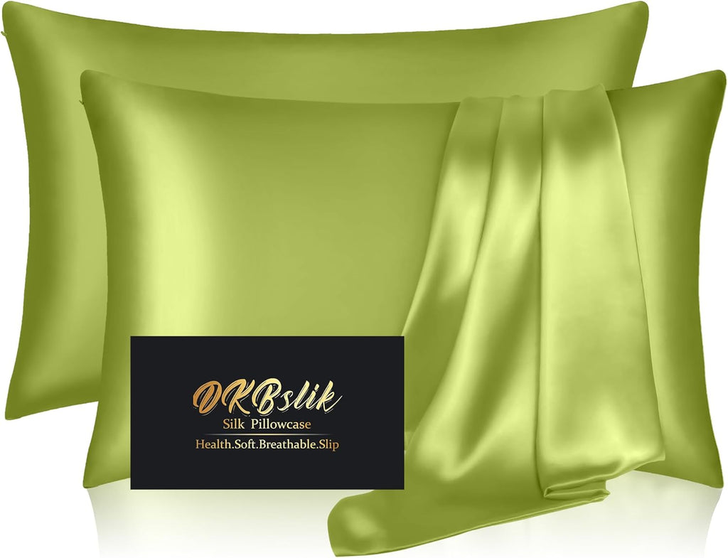 Skiennix Silk Pillowcases - Mulberry Silk Standard Set of 2 | Smooth, Anti-Acne, Olive Green with Zipper