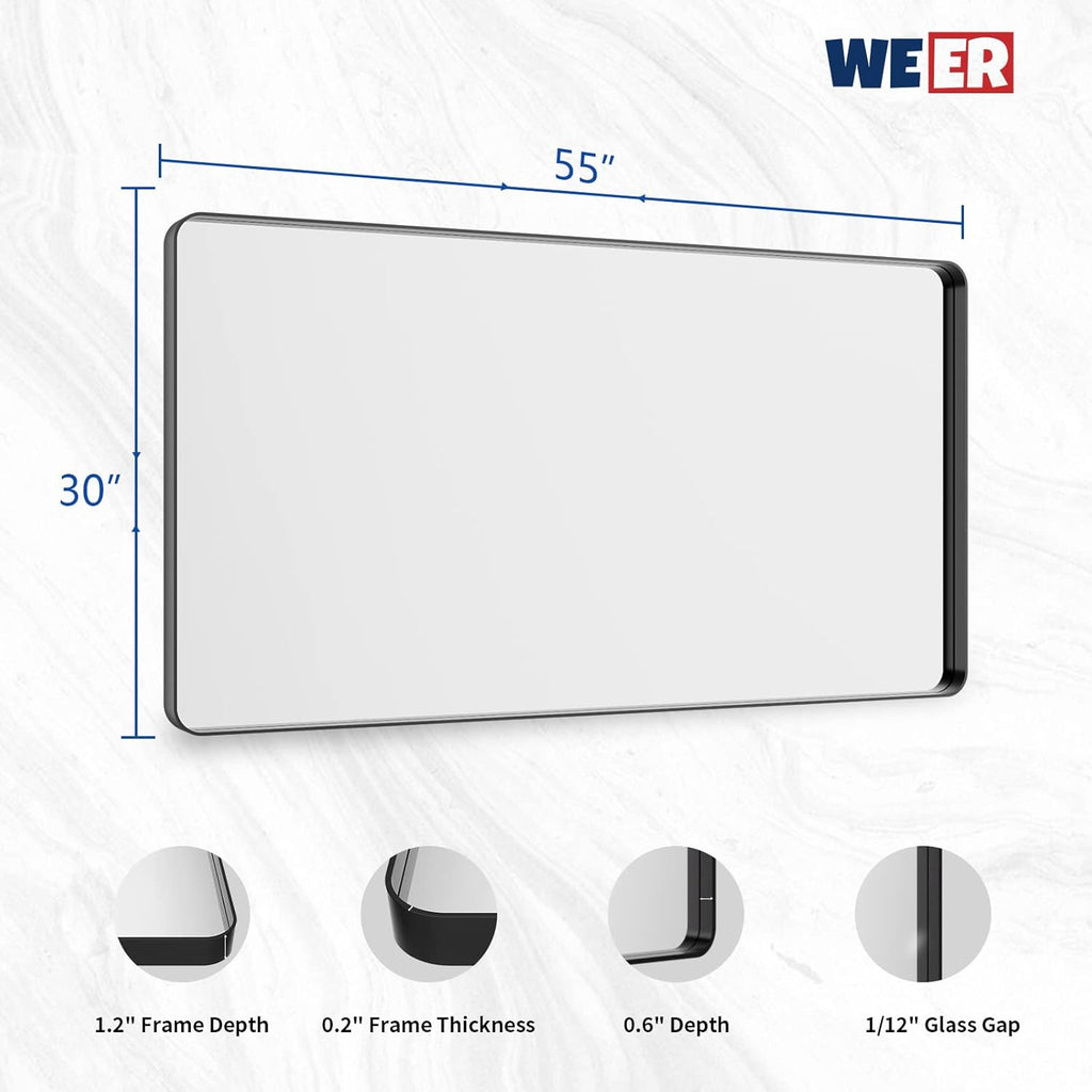 WEER Black Bathroom Mirror - 55x30 Inch Rounded Rectangle Matte Black Frame | Anti-Rust Tempered Glass, Versatile Hanging Options