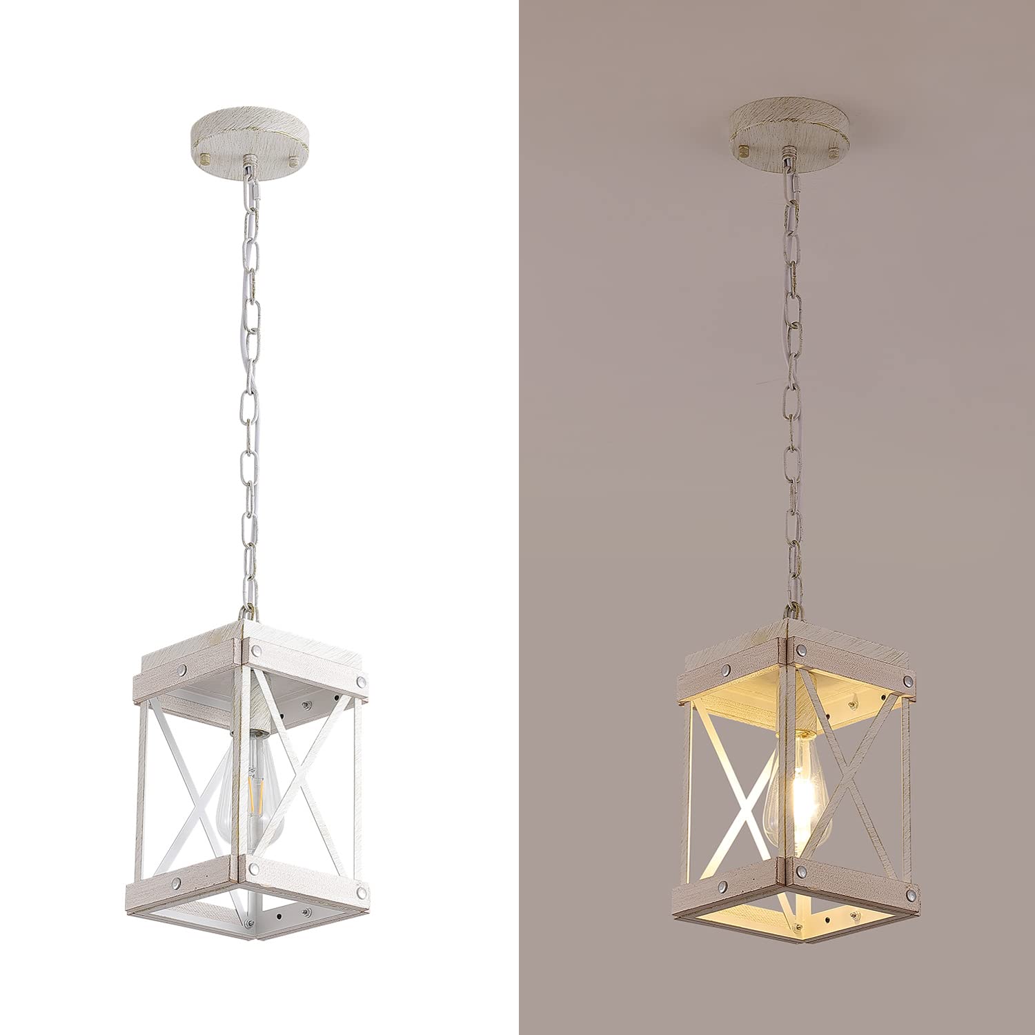 Fivess Lighting Modern Farmhouse Antique White Distressed Pendant Light with Wood and Metal Cage, One-Light Adjustable Chains Rustic Mini Pendant Lighting Fixture for Kitchen Island Cafe Bar