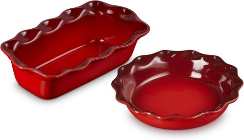 Le Creuset Stoneware Set - 9" Heritage Fluted Pie Dish & 9" Fluted Loaf Dish | Cerise Color
