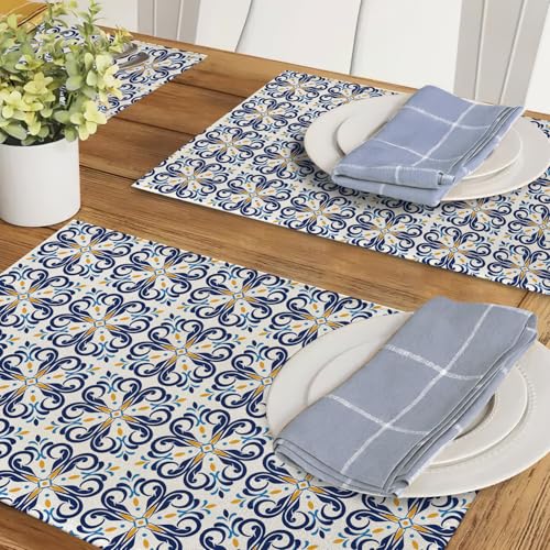 Vintage Floral Placemats Set of 4 - Retro Blue Yellow Design